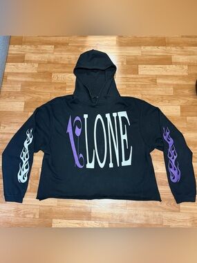 VLONE x Palm Angles Black Hoodie Sweatshirt with Purple and White Flame Graphics